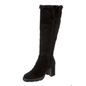Aquatalia Suede Knee-High Black Boots Fur Lining with Fur Trim 6